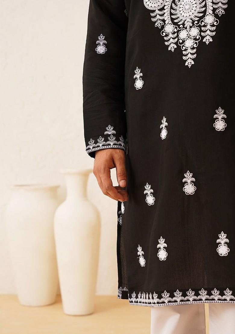 Black Embroidered Cotton Kurta For Men