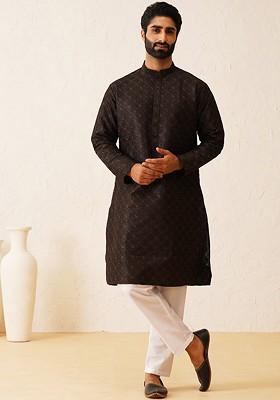 Black Embroidered Cotton Kurta For Men