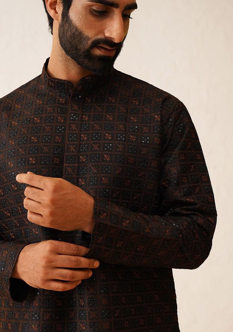 Black Embroidered Cotton Kurta For Men