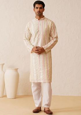 Off White Embroidered Cotton Kurta For Men