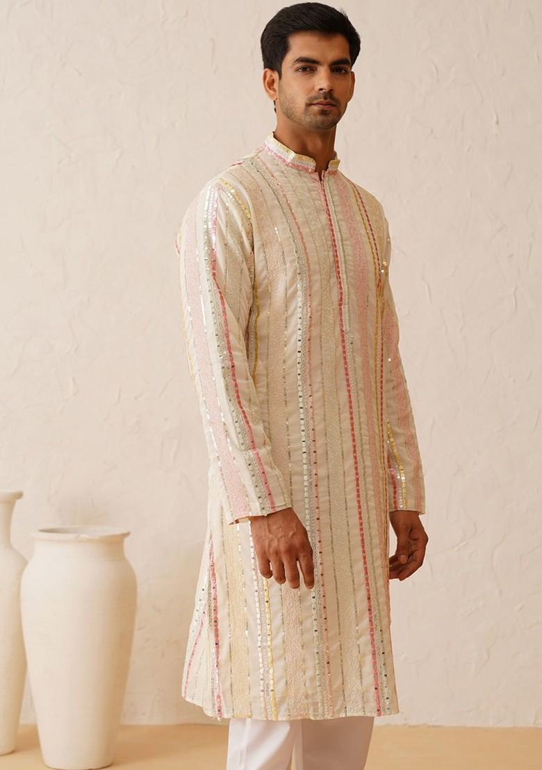 Off White Embroidered Cotton Kurta For Men