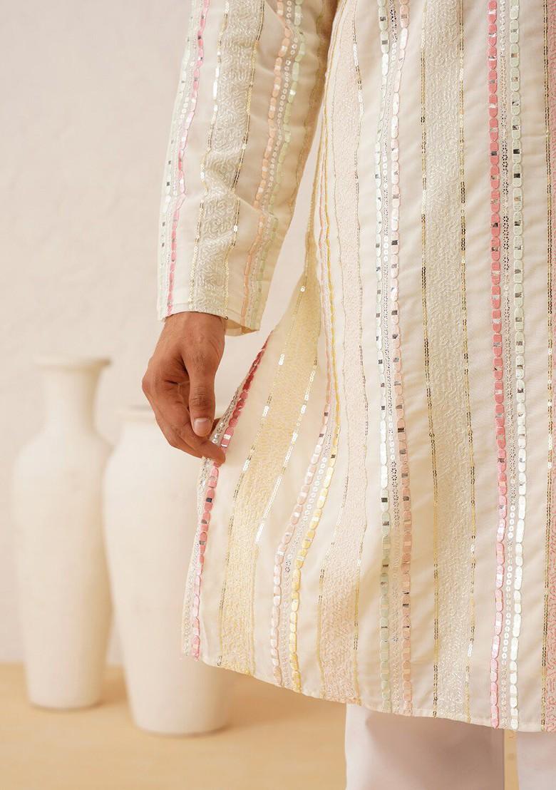 Off White Embroidered Cotton Kurta For Men