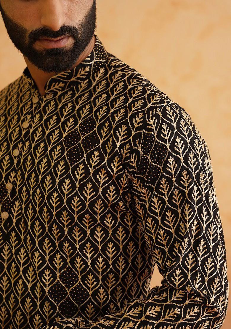 Black Thread Work Cotton Kurta For Men