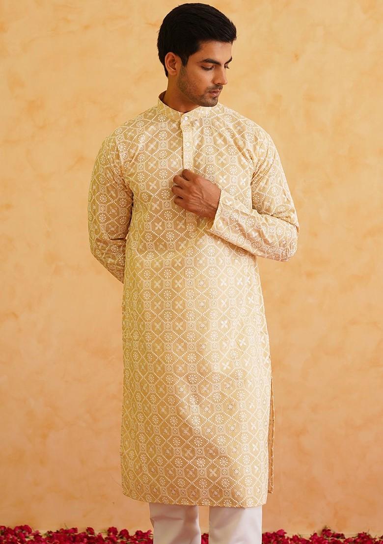 Beige Thread Work Cotton Kurta For Men