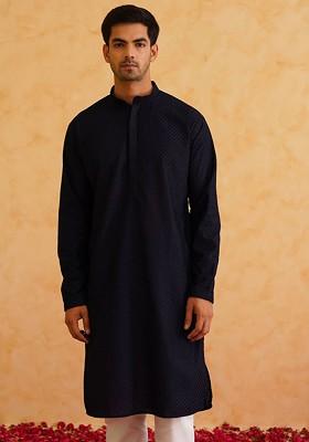 Navy Blue Thread Work Poly Blend Kurta For Men