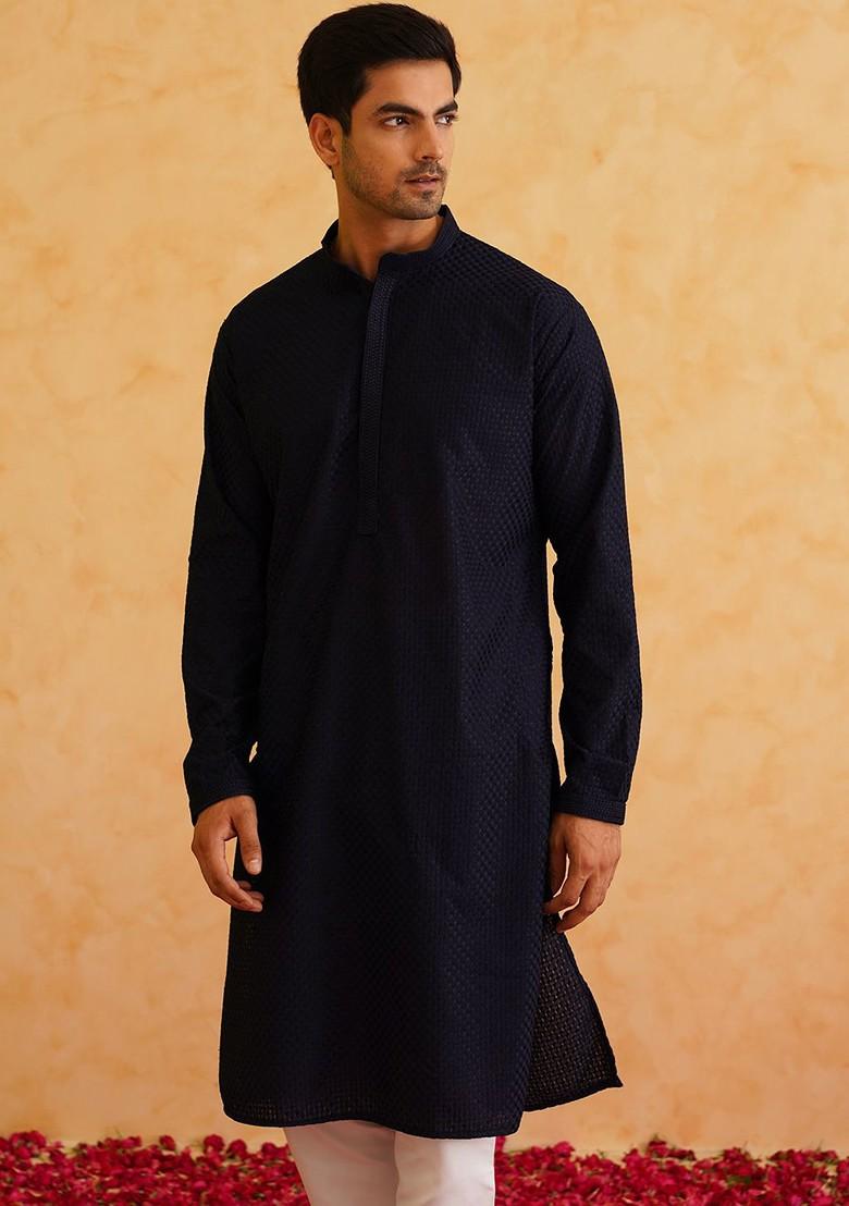 Navy Blue Thread Work Poly Blend Kurta For Men