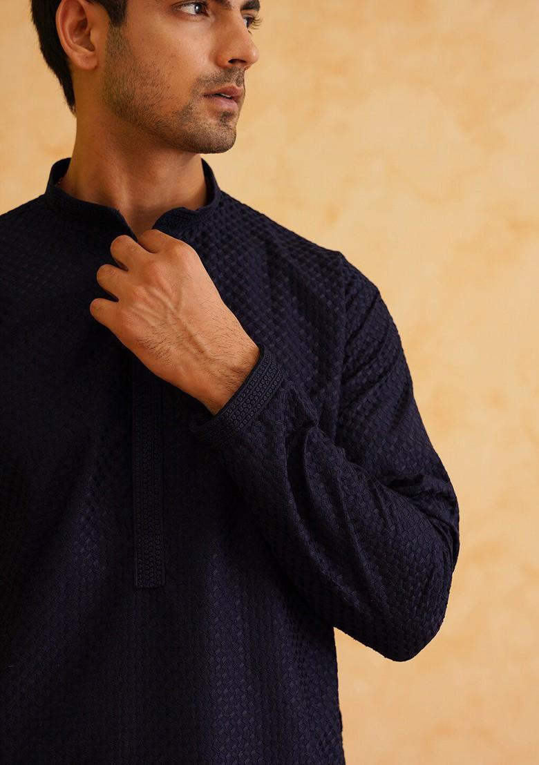 Navy Blue Thread Work Poly Blend Kurta For Men