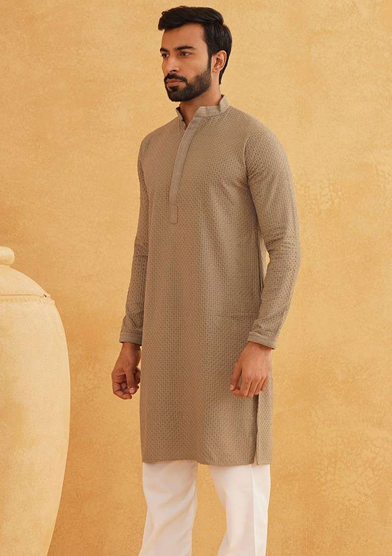 Coffee Brown Thread Work Cotton Kurta For Men - Indya