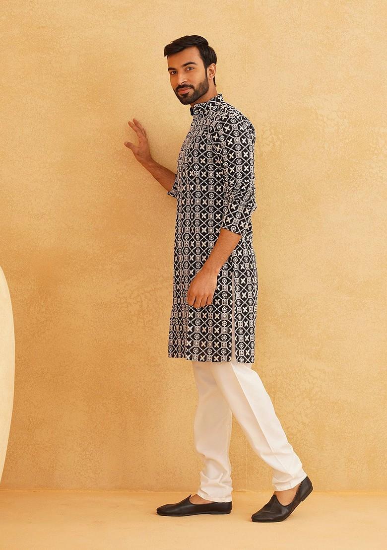 Black Embroidered Cotton Kurta For Men