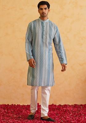 Teal Blue Printed Cotton Kurta For Men