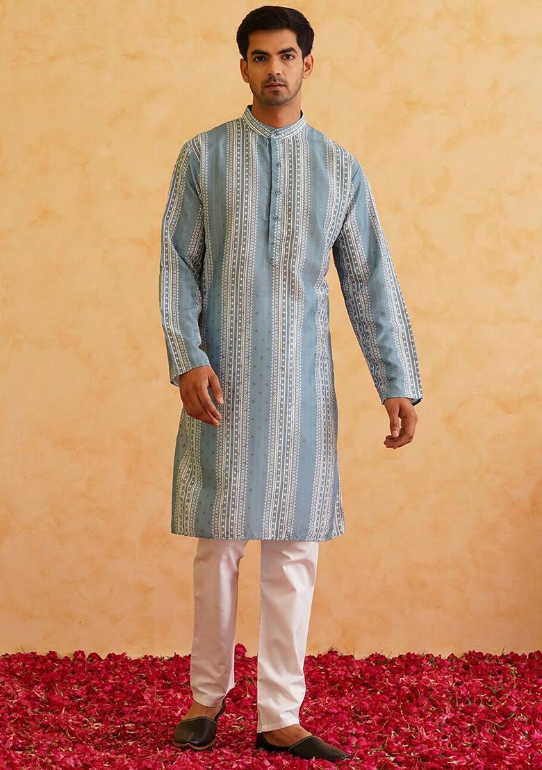 Teal Blue Printed Cotton Kurta For Men