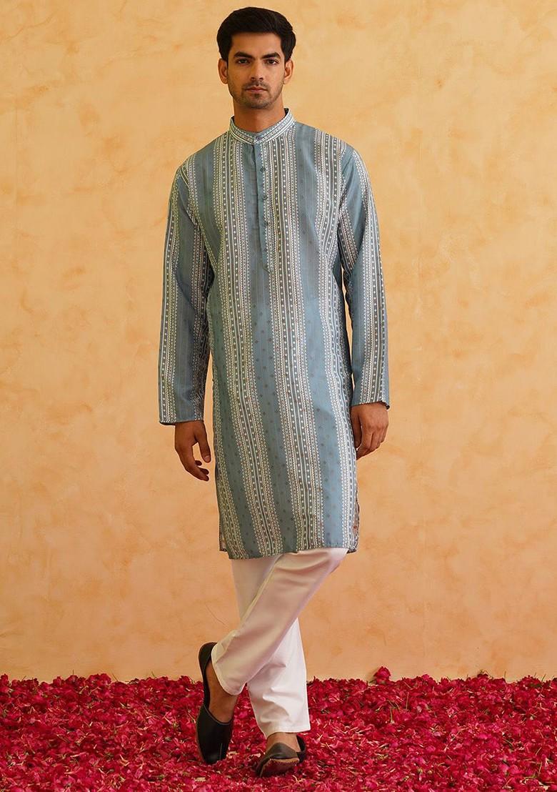 Teal Blue Printed Cotton Kurta For Men