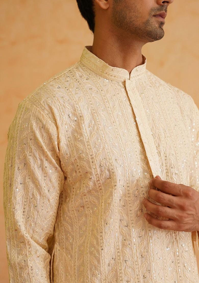 Beige Embroidered Poly Blend Kurta For Men