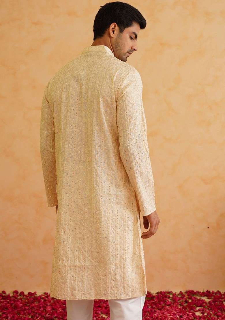 Beige Embroidered Poly Blend Kurta For Men - Indya