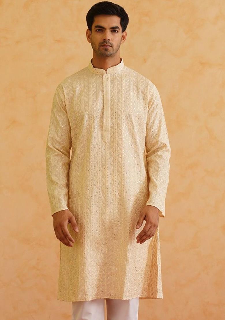 Beige Embroidered Poly Blend Kurta For Men