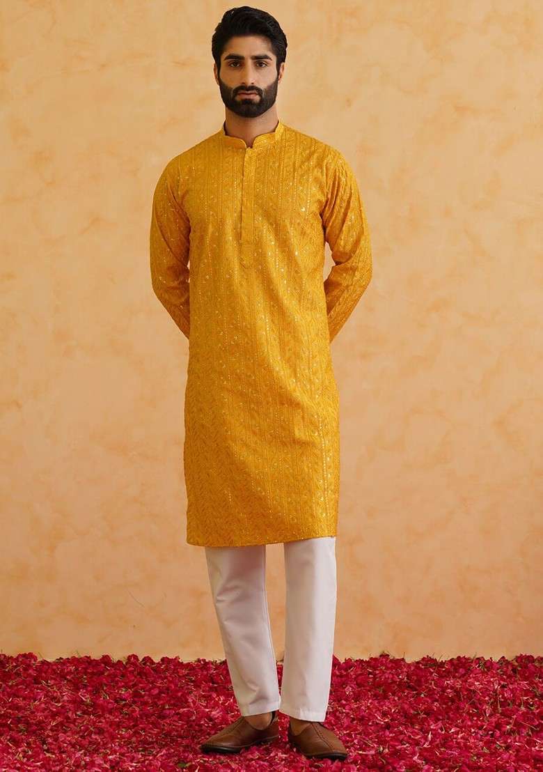 Mustard Embroidered Poly Blend Kurta For Men - Indya