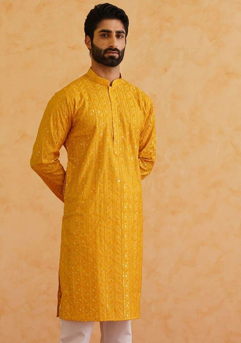 Mustard Embroidered Poly Blend Kurta For Men - Indya