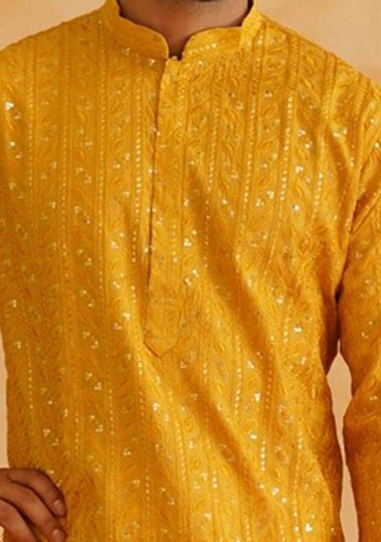Mustard Embroidered Poly Blend Kurta For Men - Indya