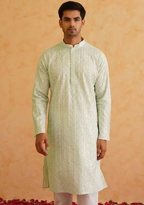 Sea Green Thread Work Cotton Kurta For Men