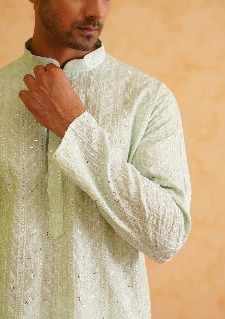 Sea Green Thread Work Cotton Kurta For Men