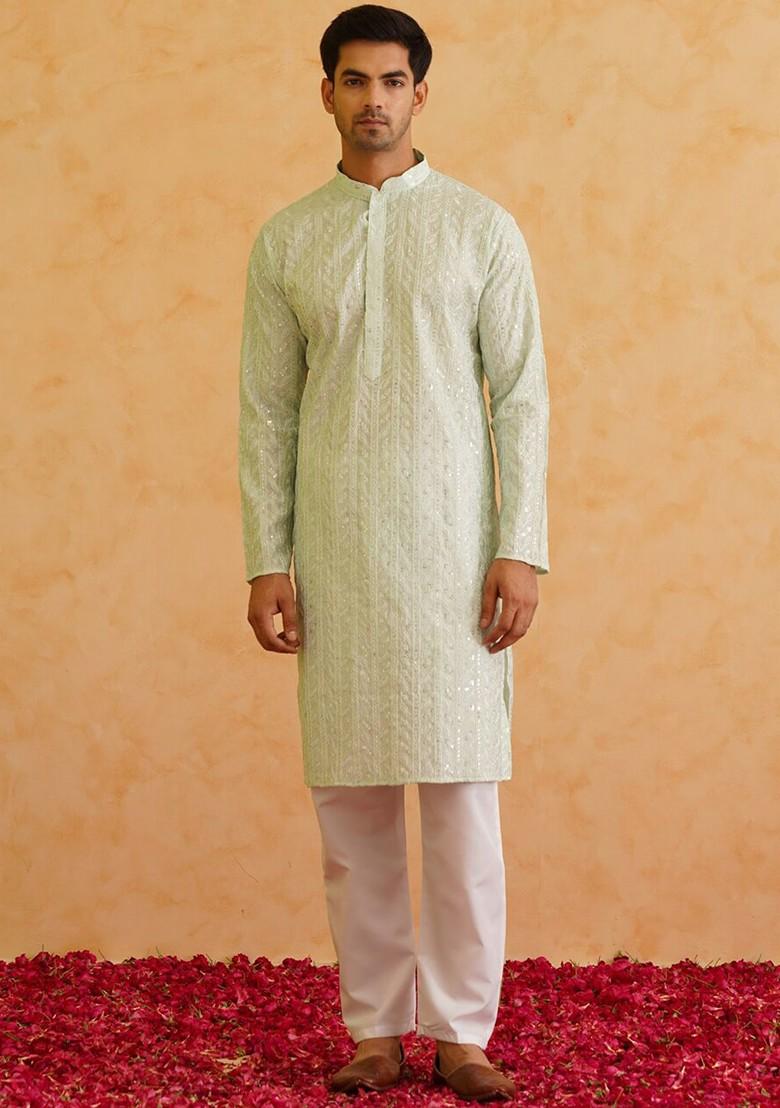 Sea Green Thread Work Cotton Kurta For Men