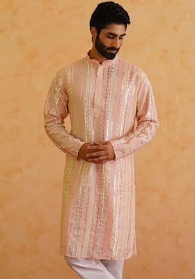 Pink Striped Poly Blend Kurta For Men