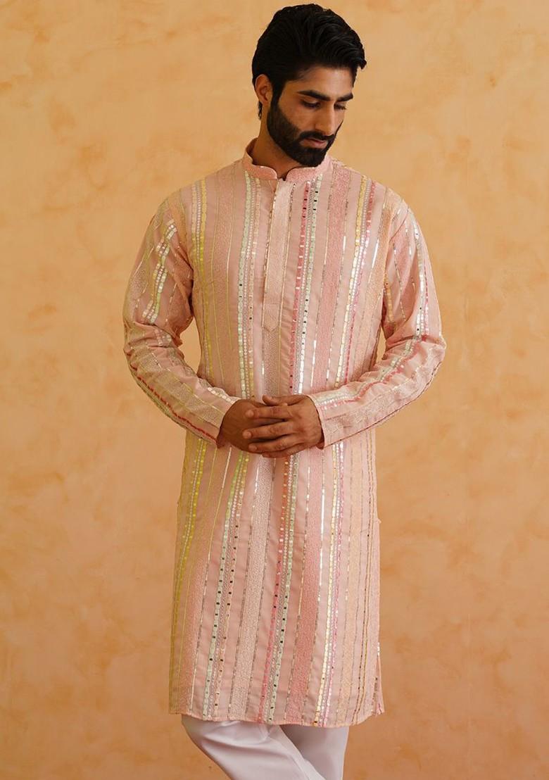 Pink Striped Poly Blend Kurta For Men