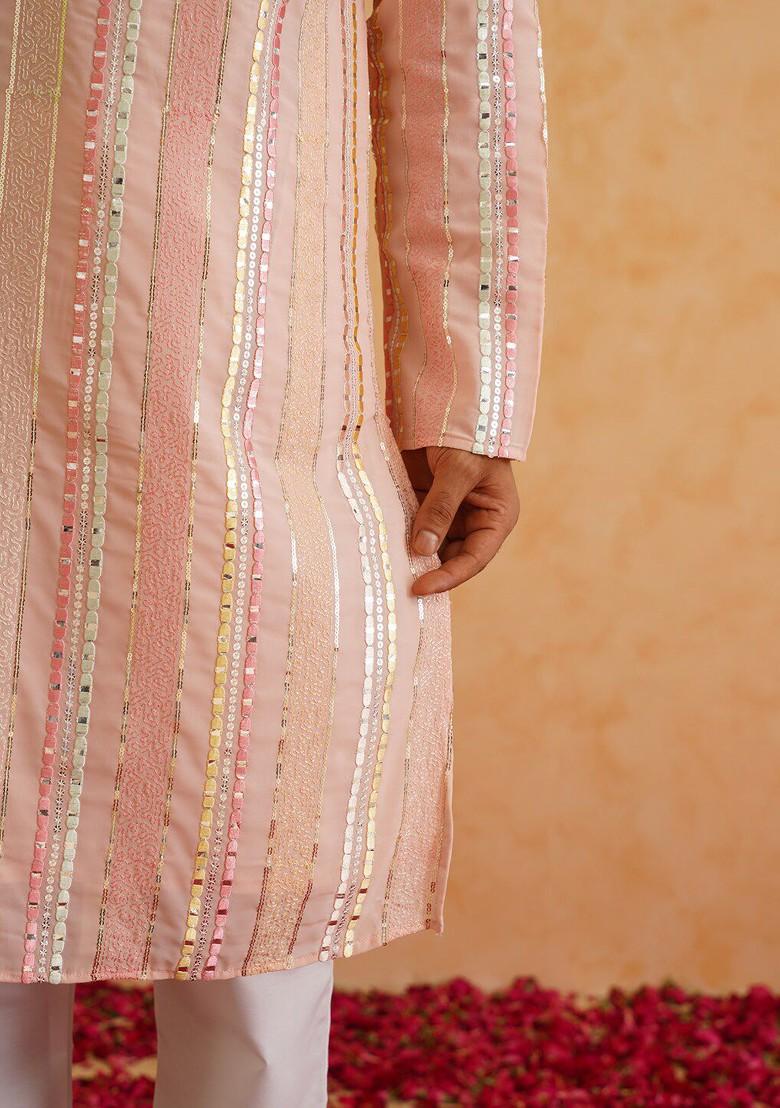 Pink Striped Poly Blend Kurta For Men