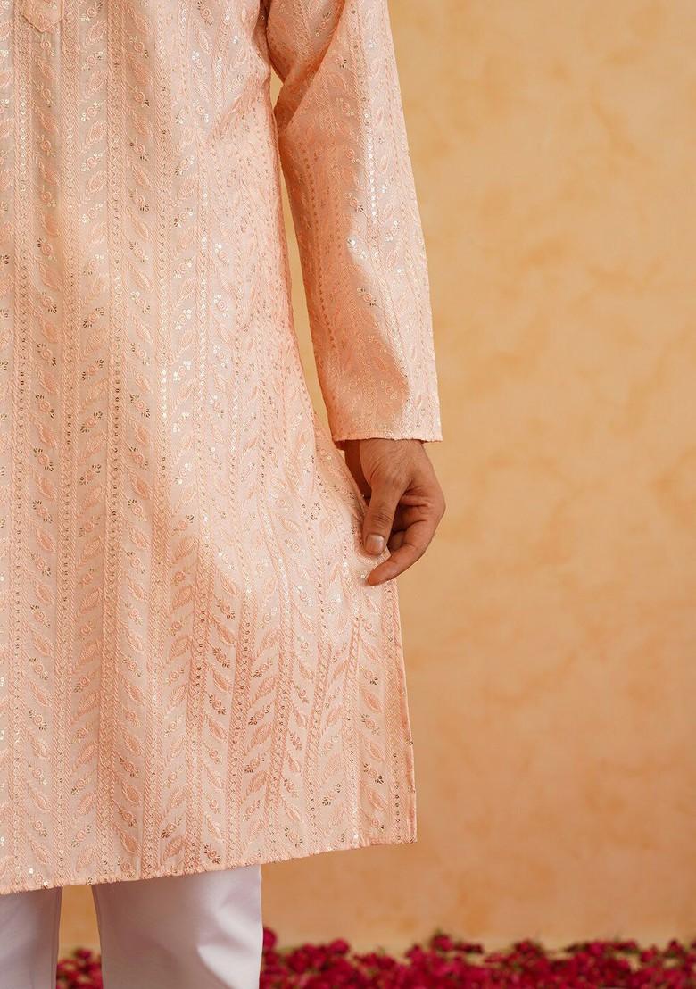 Peach Embroidered Poly Blend Kurta For Men