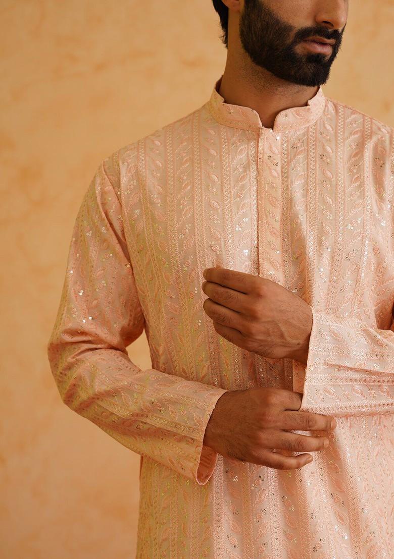 Peach Embroidered Poly Blend Kurta For Men