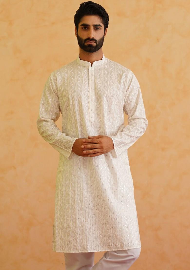 White Embroidered Cotton Kurta For Men