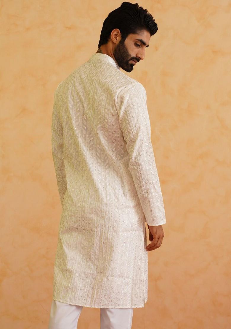 White Embroidered Cotton Kurta For Men