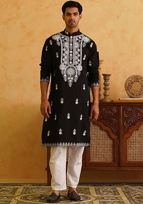 Black Thread Work Cotton Kurta For Men