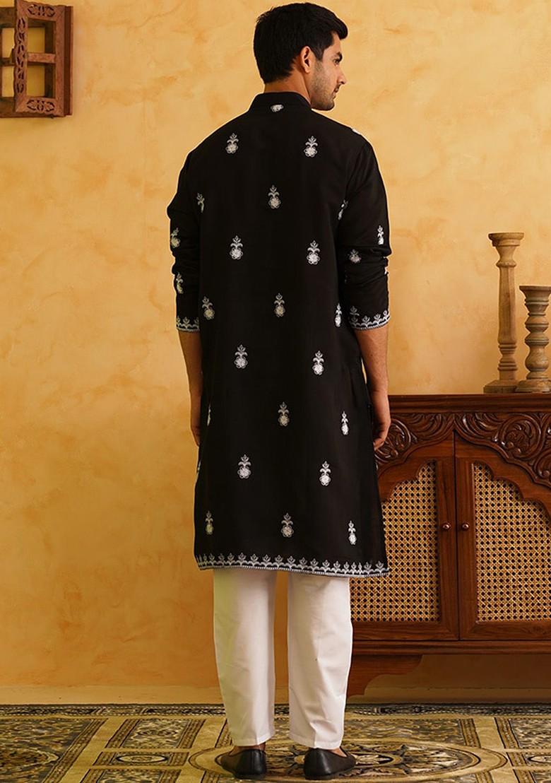 Black Thread Work Cotton Kurta For Men