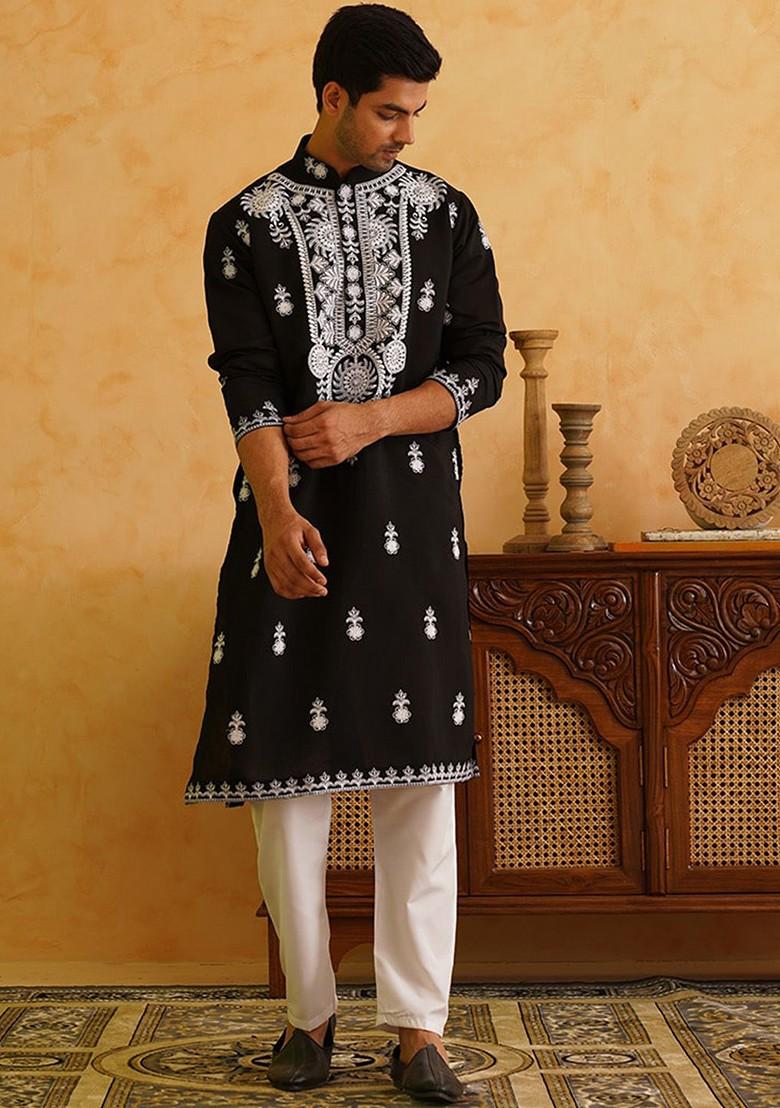 Black Thread Work Cotton Kurta For Men