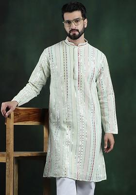 Lime Green Thread Work Poly Blend Kurta For Men