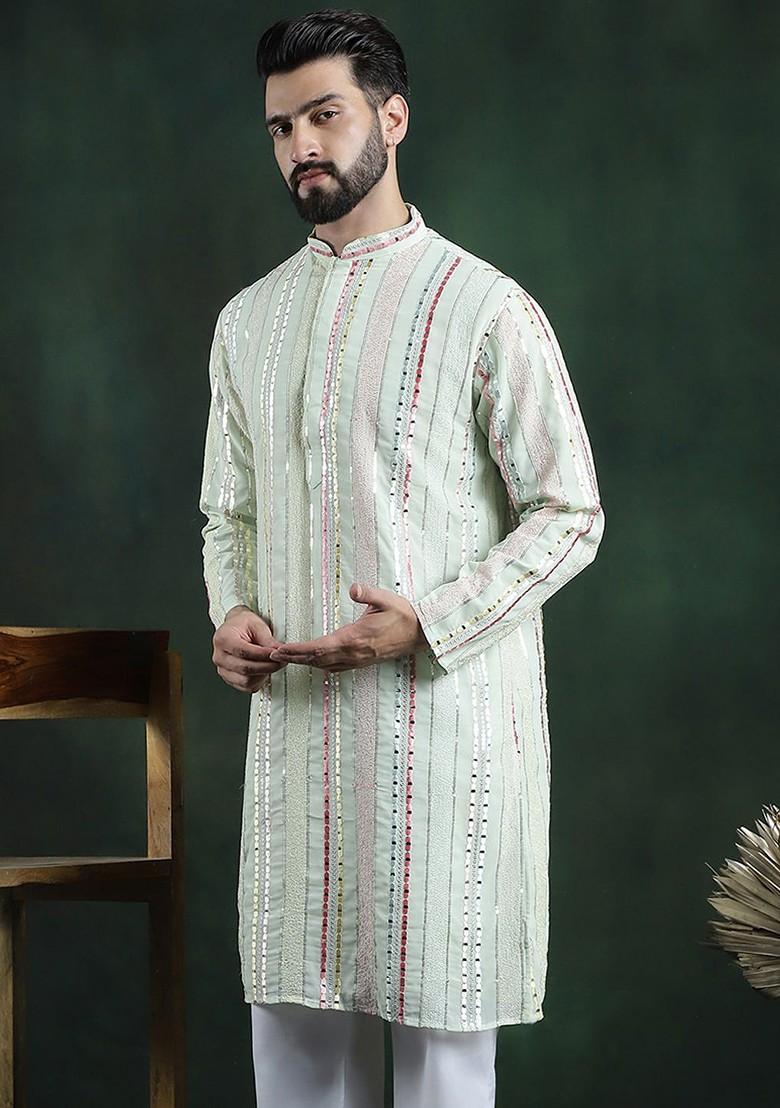 Lime Green Thread Work Poly Blend Kurta For Men