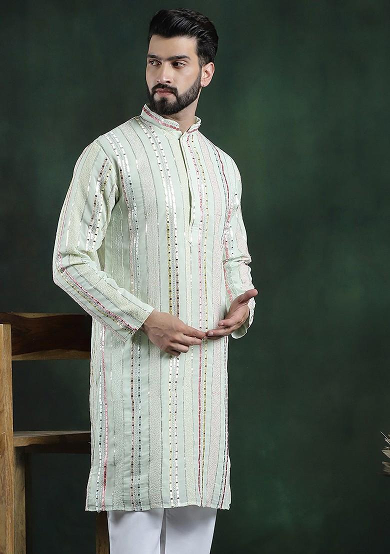 Lime Green Thread Work Poly Blend Kurta For Men