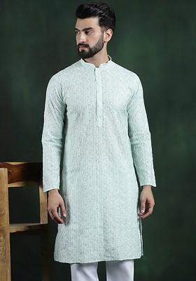 Sea Green Embroidered Cotton Kurta For Men