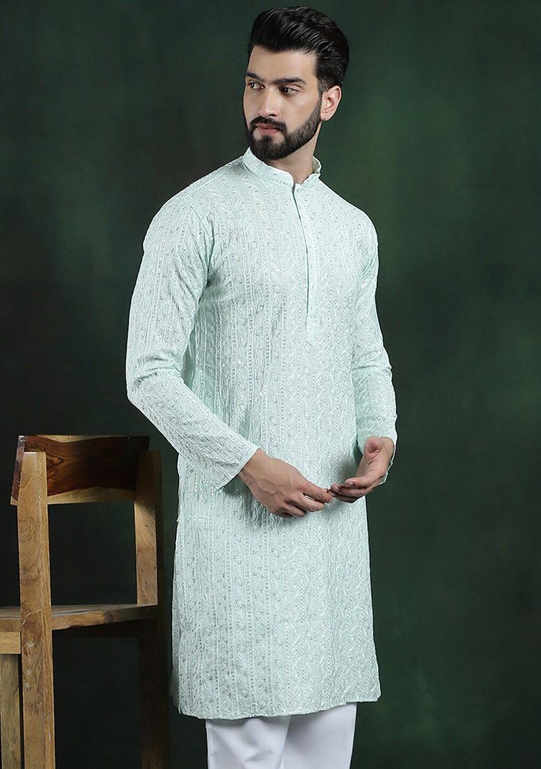 Sea Green Embroidered Cotton Kurta For Men