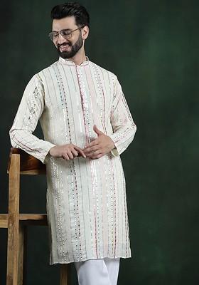 Off White Embroidered Poly Blend Kurta For Men
