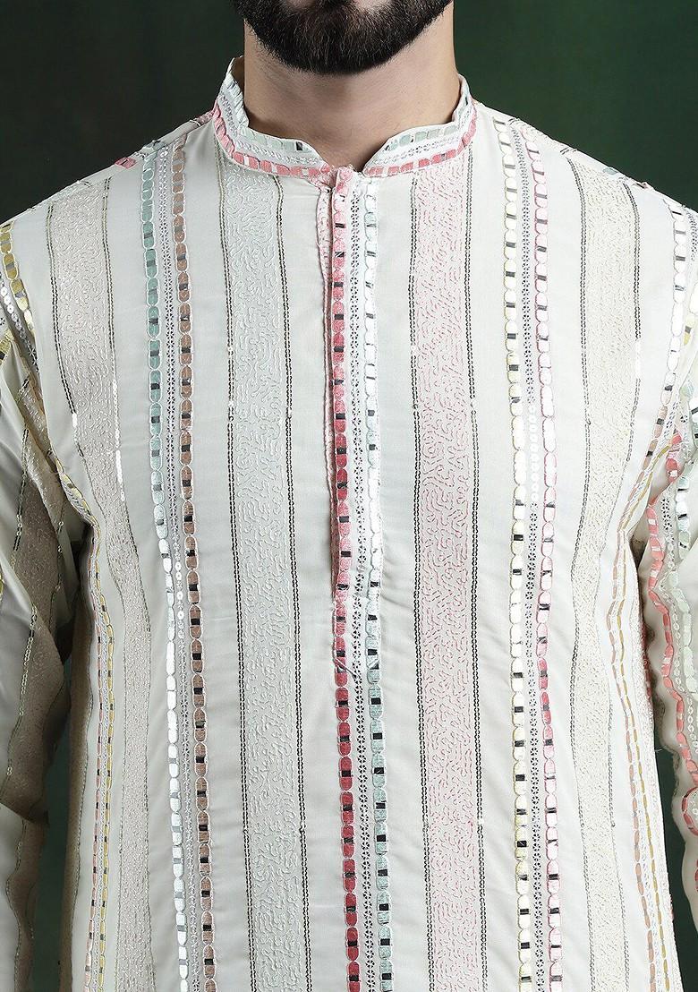 Off White Embroidered Poly Blend Kurta For Men