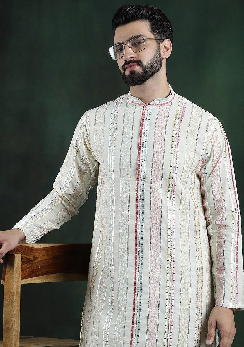 Off White Embroidered Poly Blend Kurta For Men