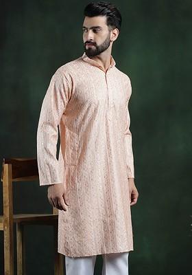 Peach Woven Cotton Kurta For Men