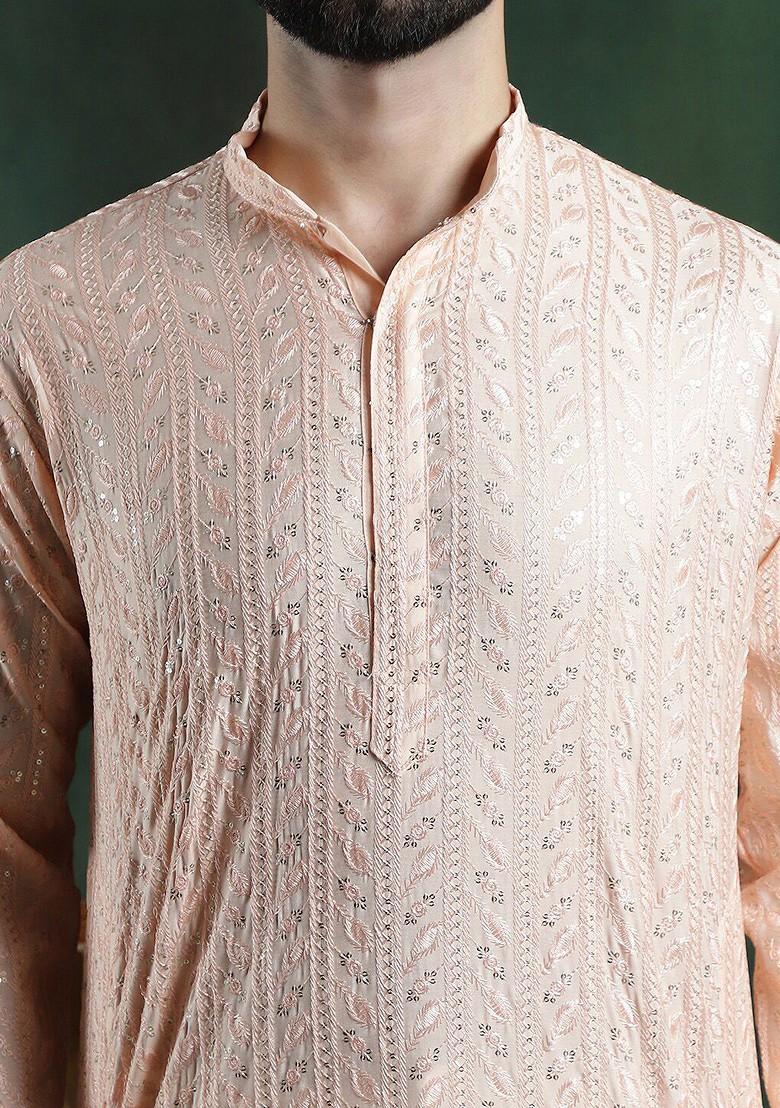 Peach Woven Cotton Kurta For Men