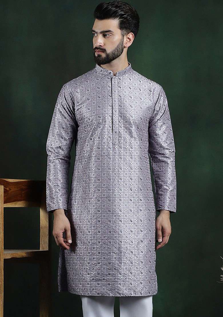 Purple Thread Work Cotton Kurta For Men - Indya