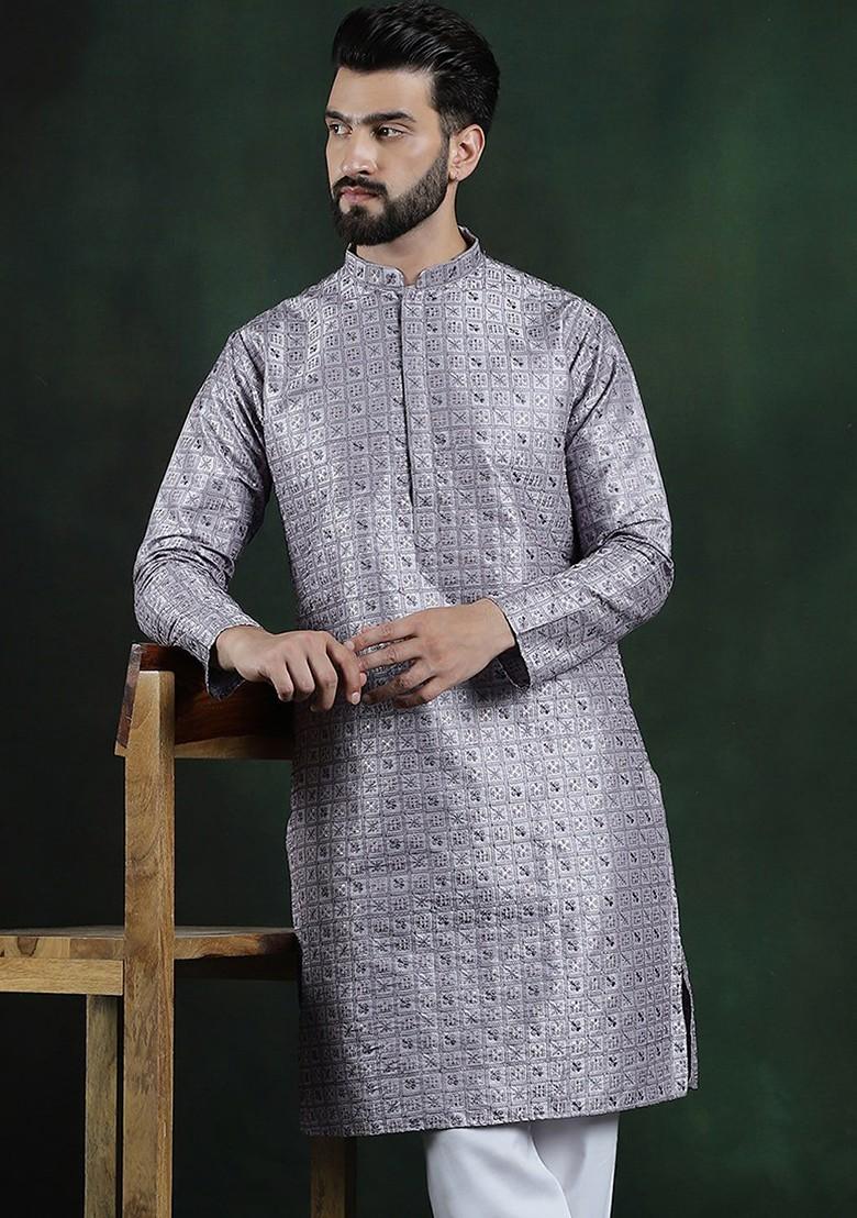 Purple Thread Work Cotton Kurta For Men