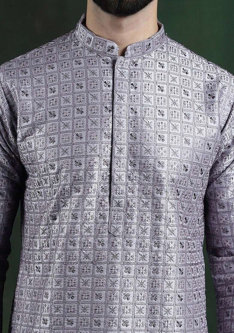 Purple Thread Work Cotton Kurta For Men - Indya
