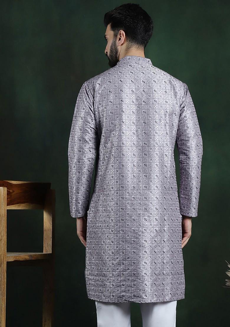 Purple Thread Work Cotton Kurta For Men