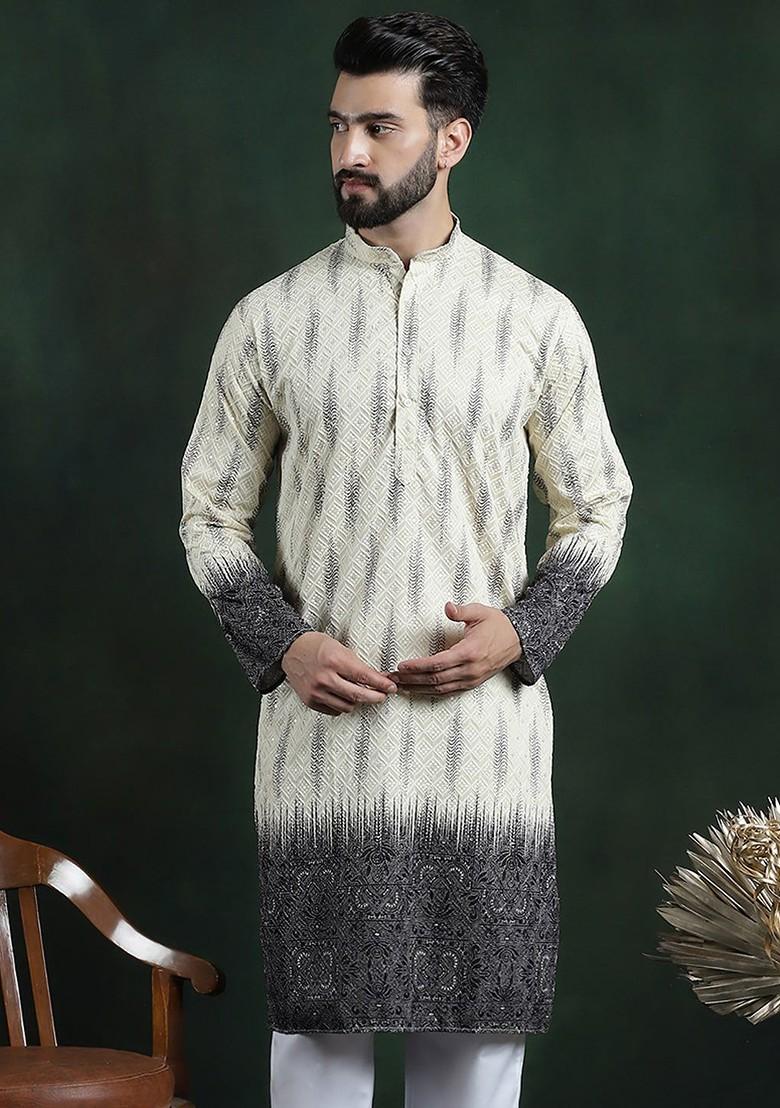 Beige Thread Work Cotton Kurta For Men
